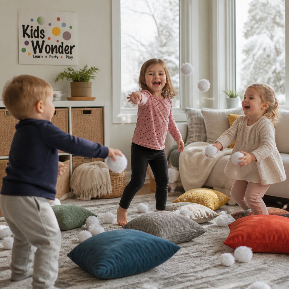 Toddlers and a preschooler laughing while throwing soft pom-poms during fun indoor activities for toddlers.