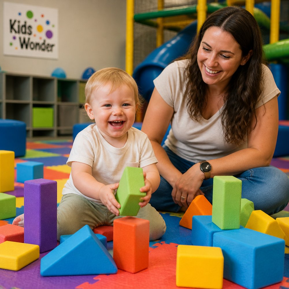 Toddler laughing and playing with colorful foam blocks during toddler activities near me in a safe indoor play area.